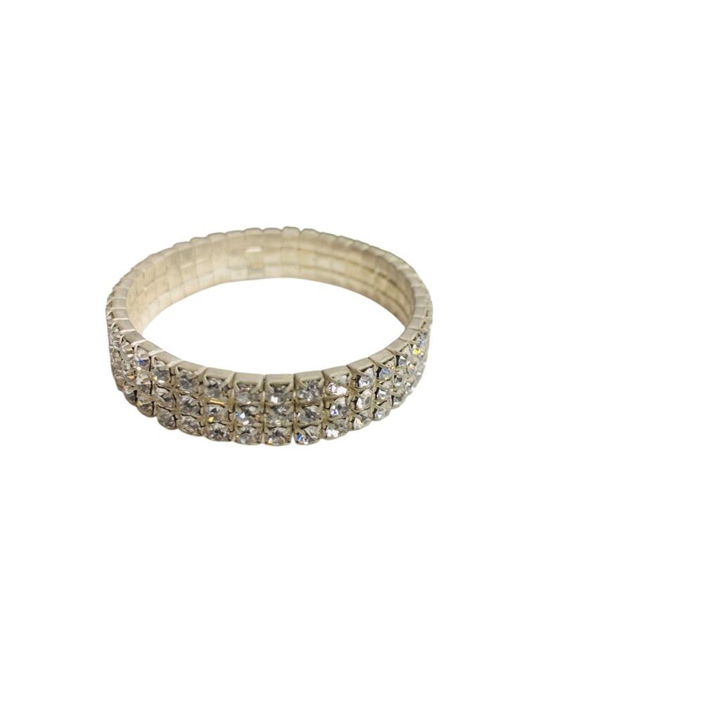 Vintage Rhinestone 3 Row Stretch Bracelet Silvertone Setting